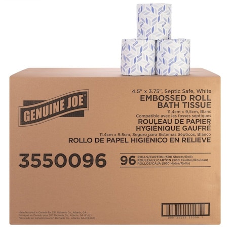 Genuine Joe Bath Tissue - 2 Ply - 4.50in x 3in - White - 500 Sheets Per Roll - 96 / Pack, 96PK GJO3550096